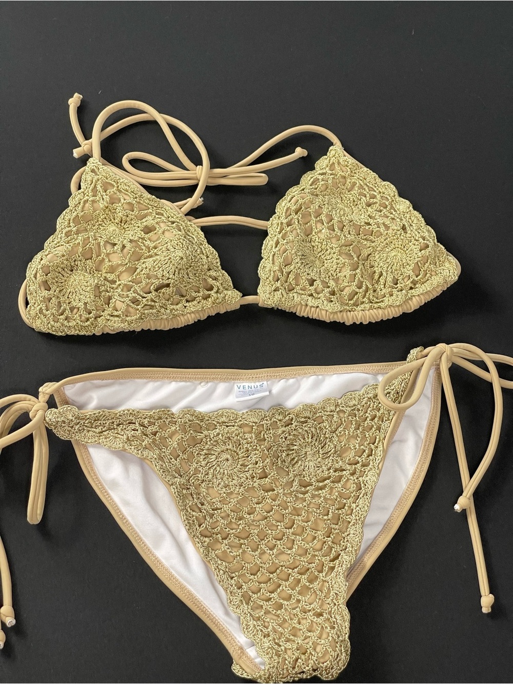 Venus Crochet Tie-Side bikini Set in Gold And Tan color